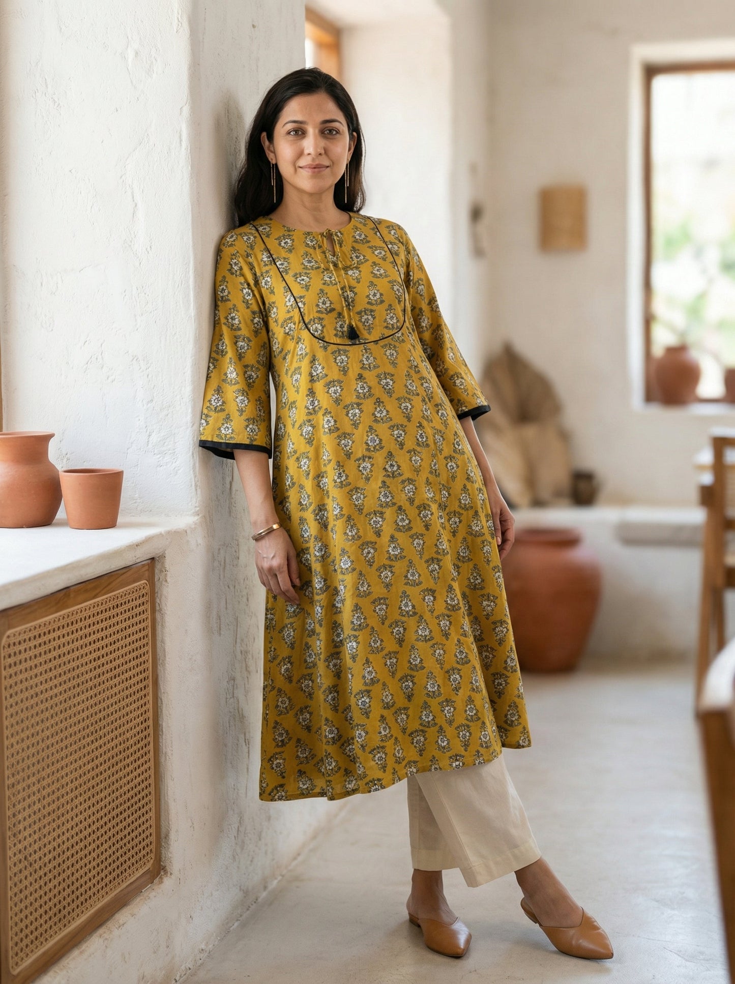 Jazz Waves Cotton Sand Yellow/Green Yoke Kurta