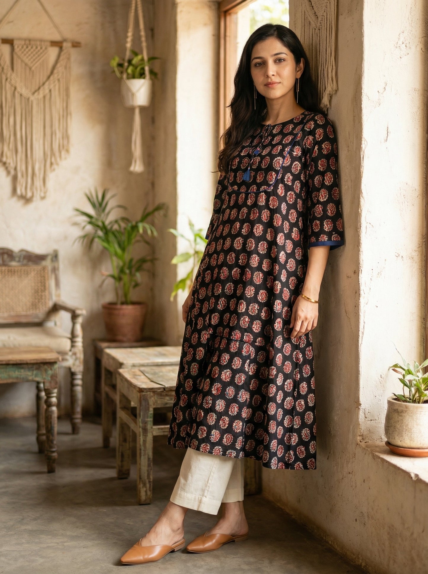 Jazz Waves Cotton Black/Red Yoke Kurta