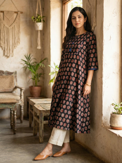 Jazz Waves Cotton Black/Red Yoke Kurta