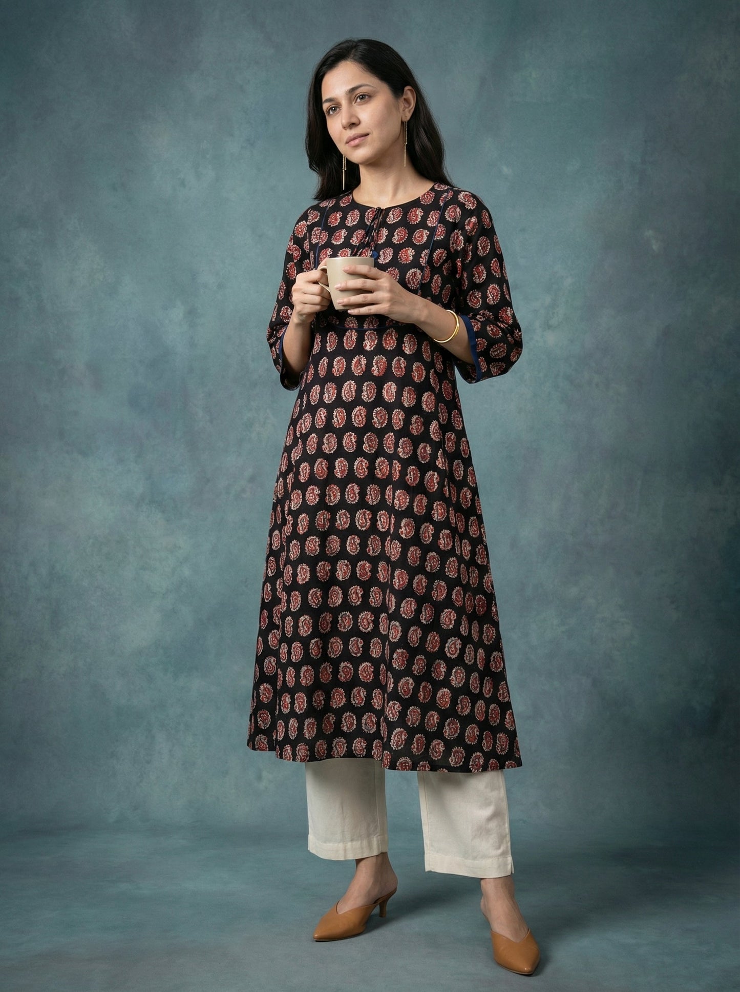 Jazz Waves Cotton Black/Red Yoke Kurta