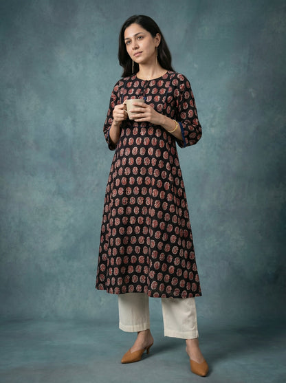 Jazz Waves Cotton Black/Red Yoke Kurta