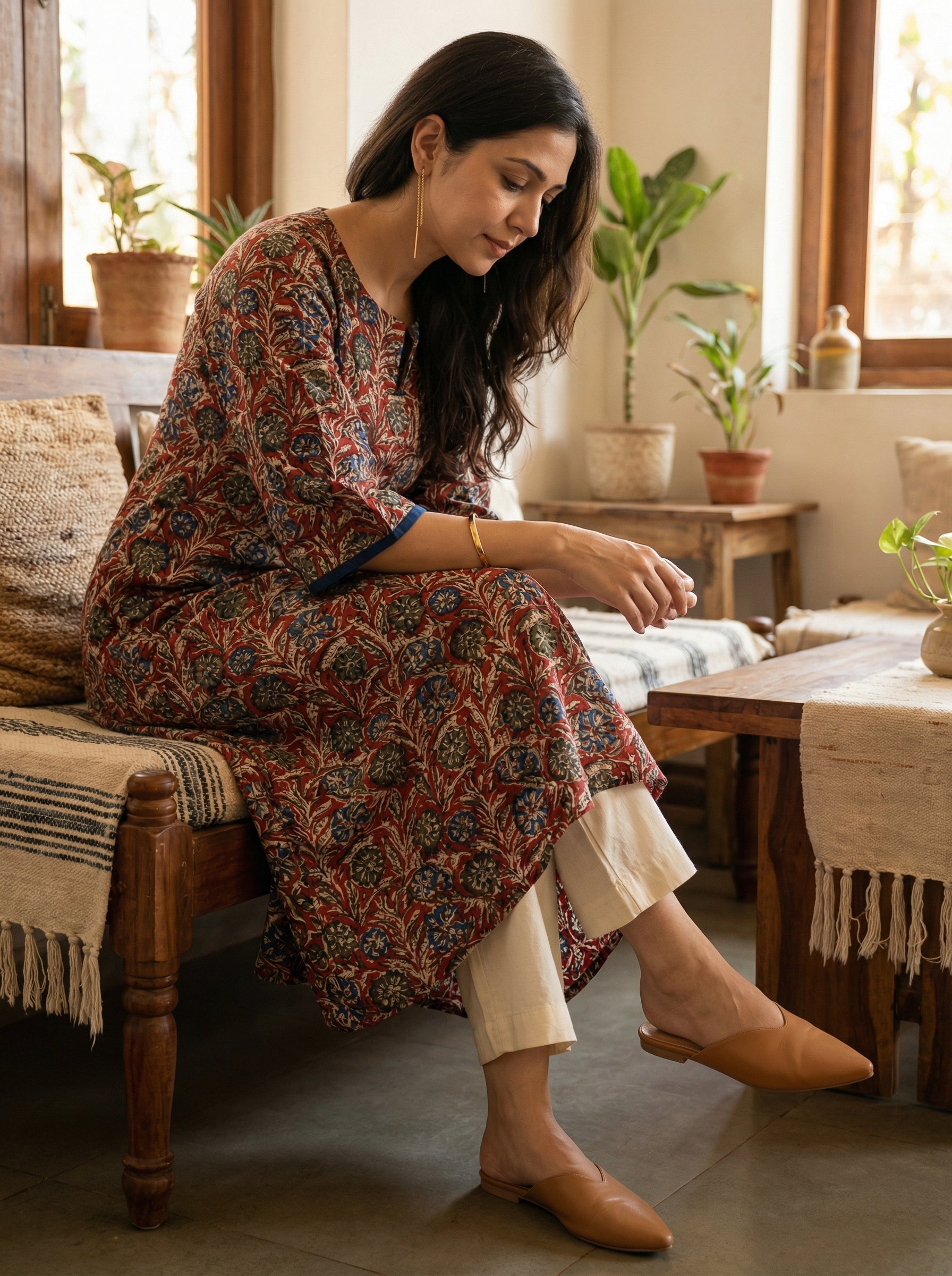 Jazz Waves Cotton Beige/Red-Blue Yoke Kurta