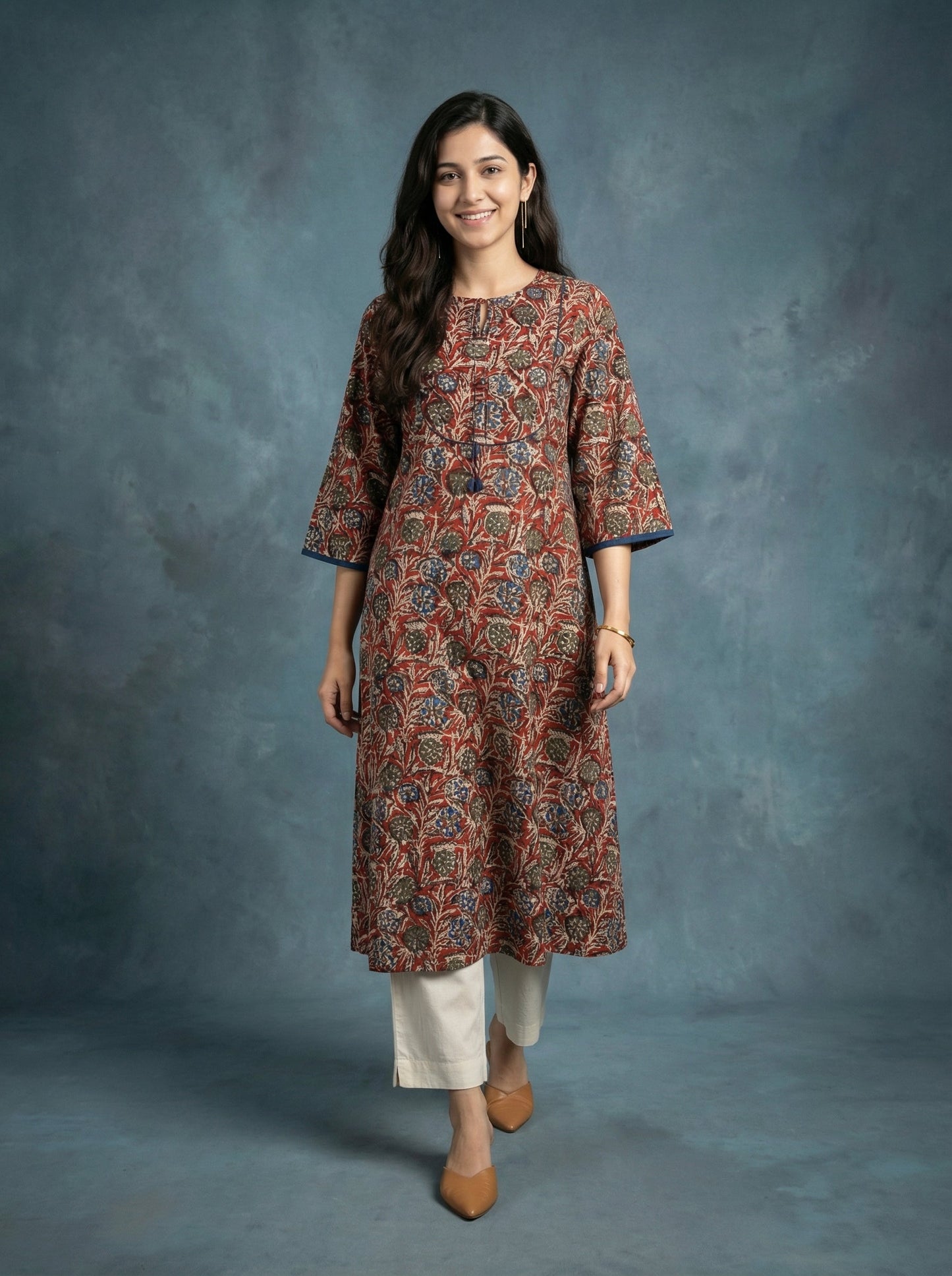 Jazz Waves Cotton Beige/Red-Blue Yoke Kurta
