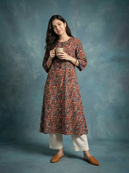 Jazz Waves Cotton Beige/Red-Blue Yoke Kurta