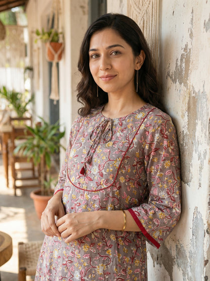 Jazz Waves Cotton Taupe Grey/Floral Jaal Yoke Kurta