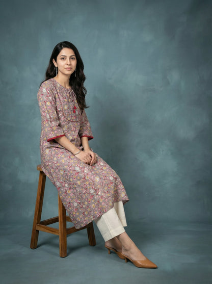Jazz Waves Cotton Taupe Grey/Floral Jaal Yoke Kurta