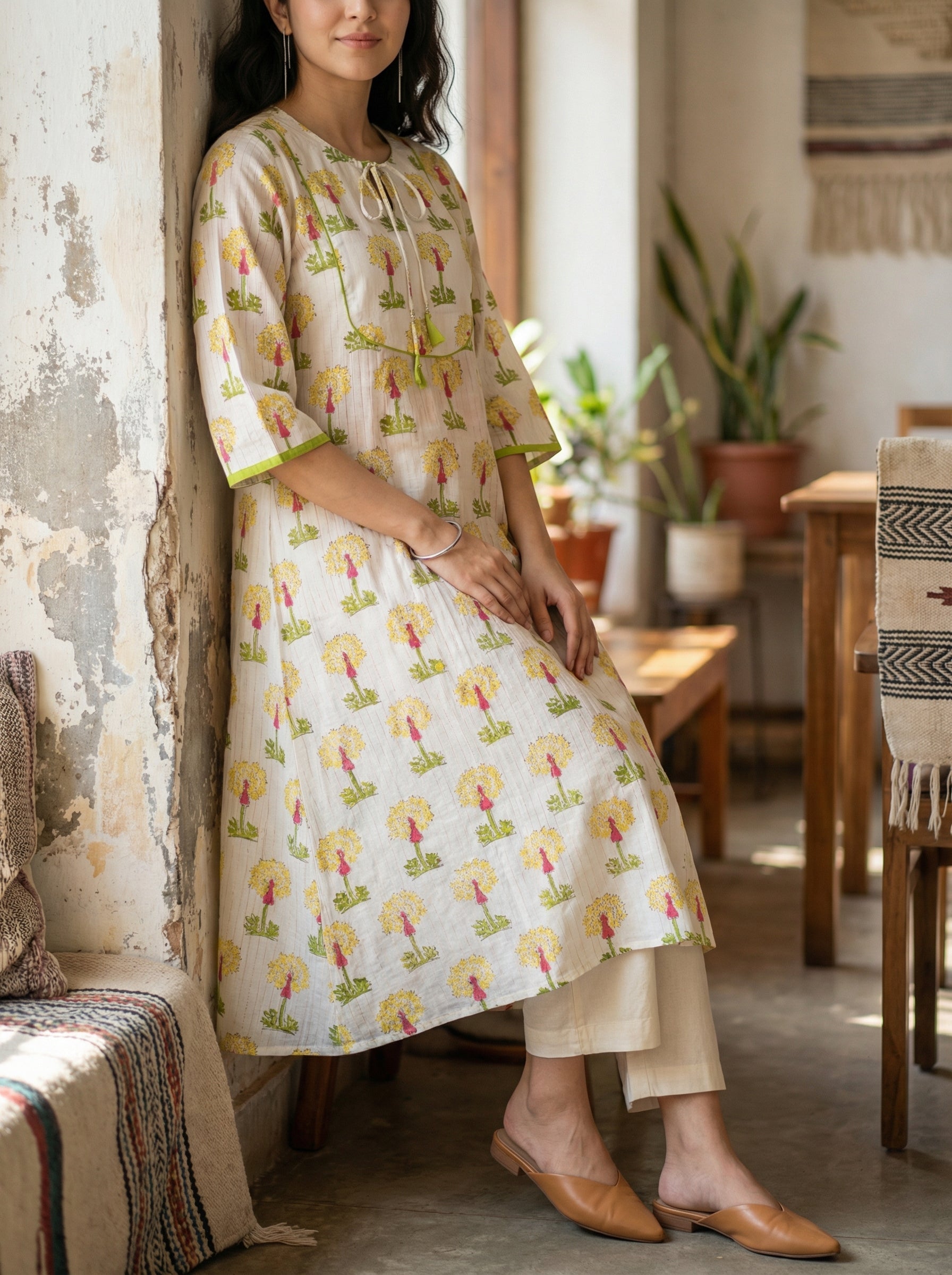Jazz Waves Cotton White Yellow Yoke Kurta
