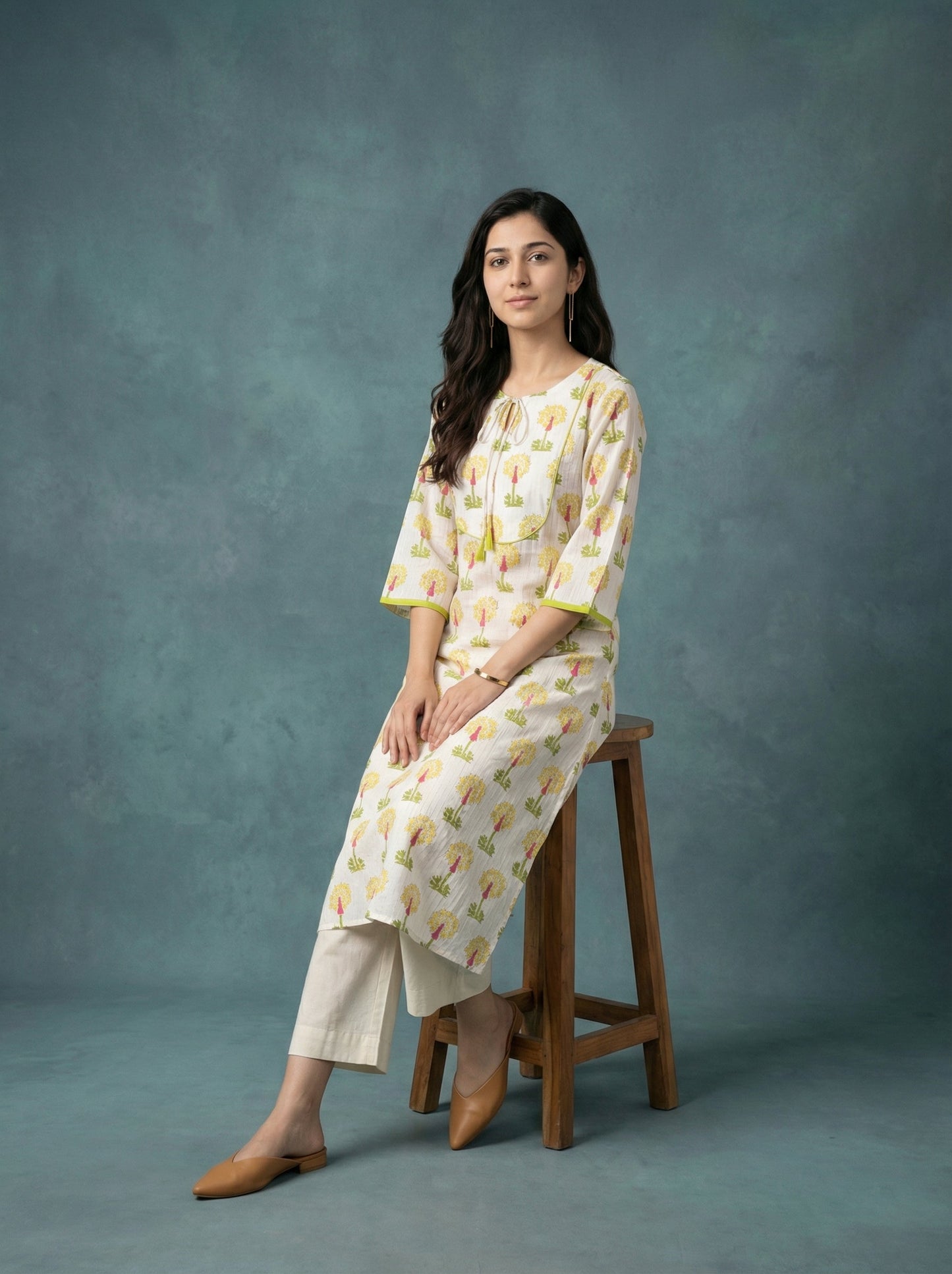 Jazz Waves Cotton White Yellow Yoke Kurta
