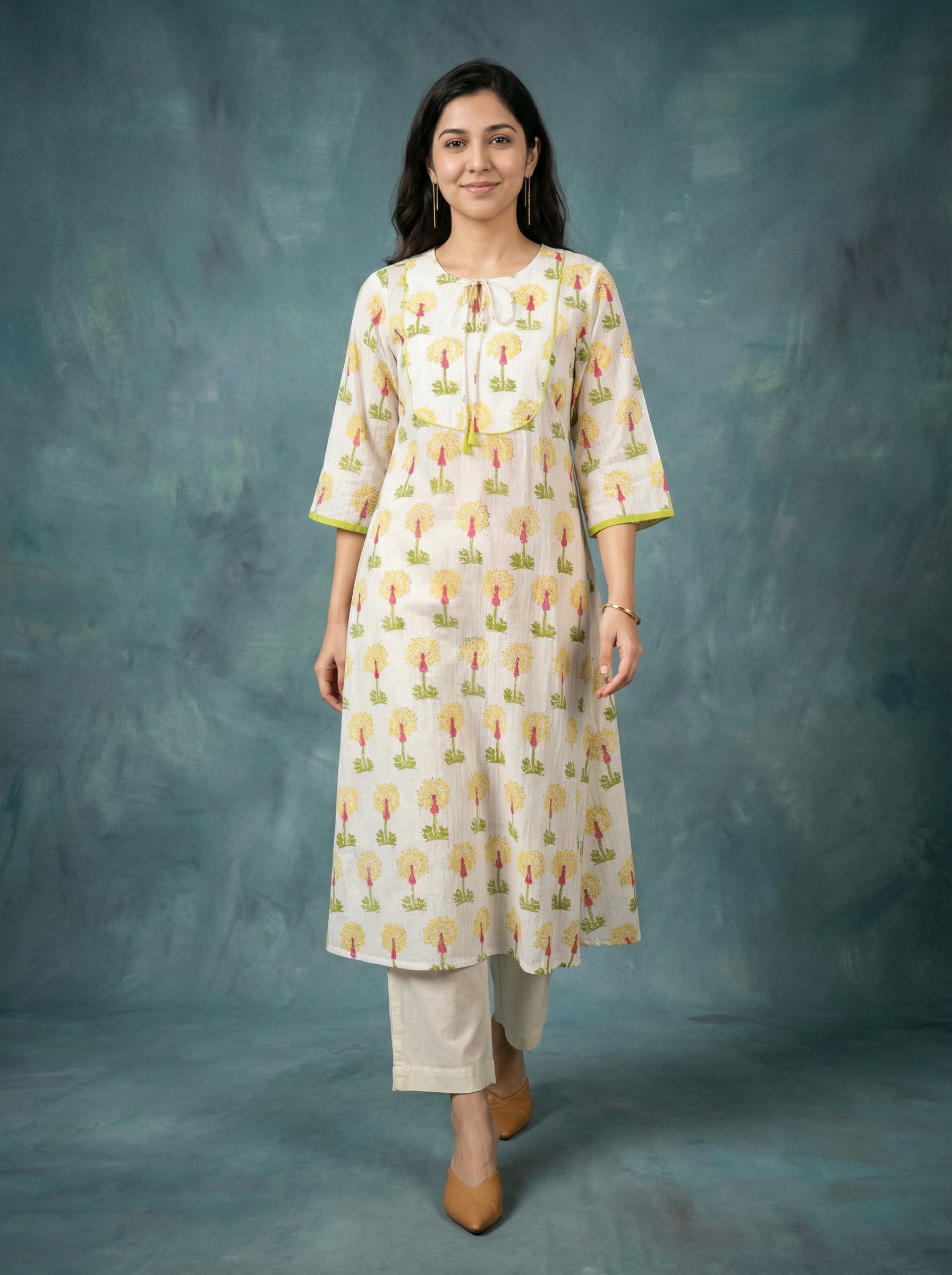 Jazz Waves Cotton White Yellow Yoke Kurta