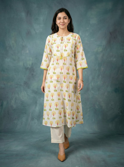 Jazz Waves Cotton White Yellow Yoke Kurta