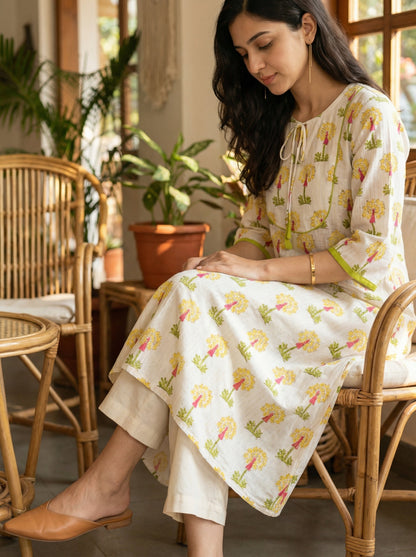 Jazz Waves Cotton White Yellow Yoke Kurta