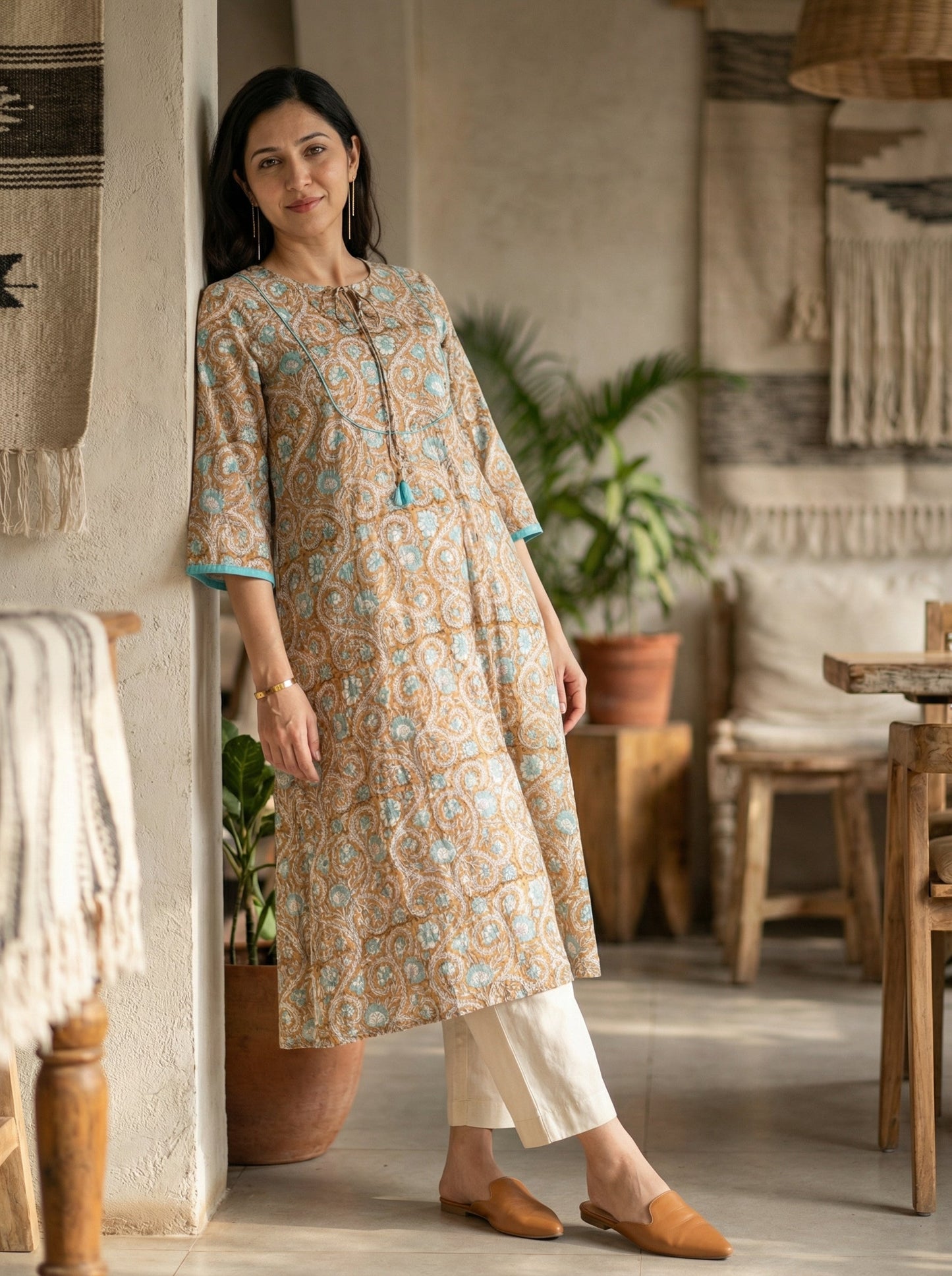 Jazz Waves Cotton Dark Beige/Blue Yoke Kurta