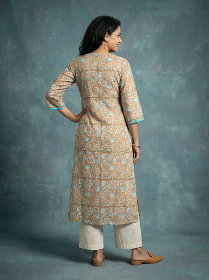 Jazz Waves Cotton Dark Beige/Blue Yoke Kurta