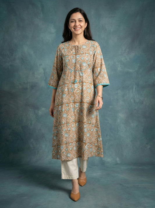 Jazz Waves Cotton Dark Beige/Blue Yoke Kurta