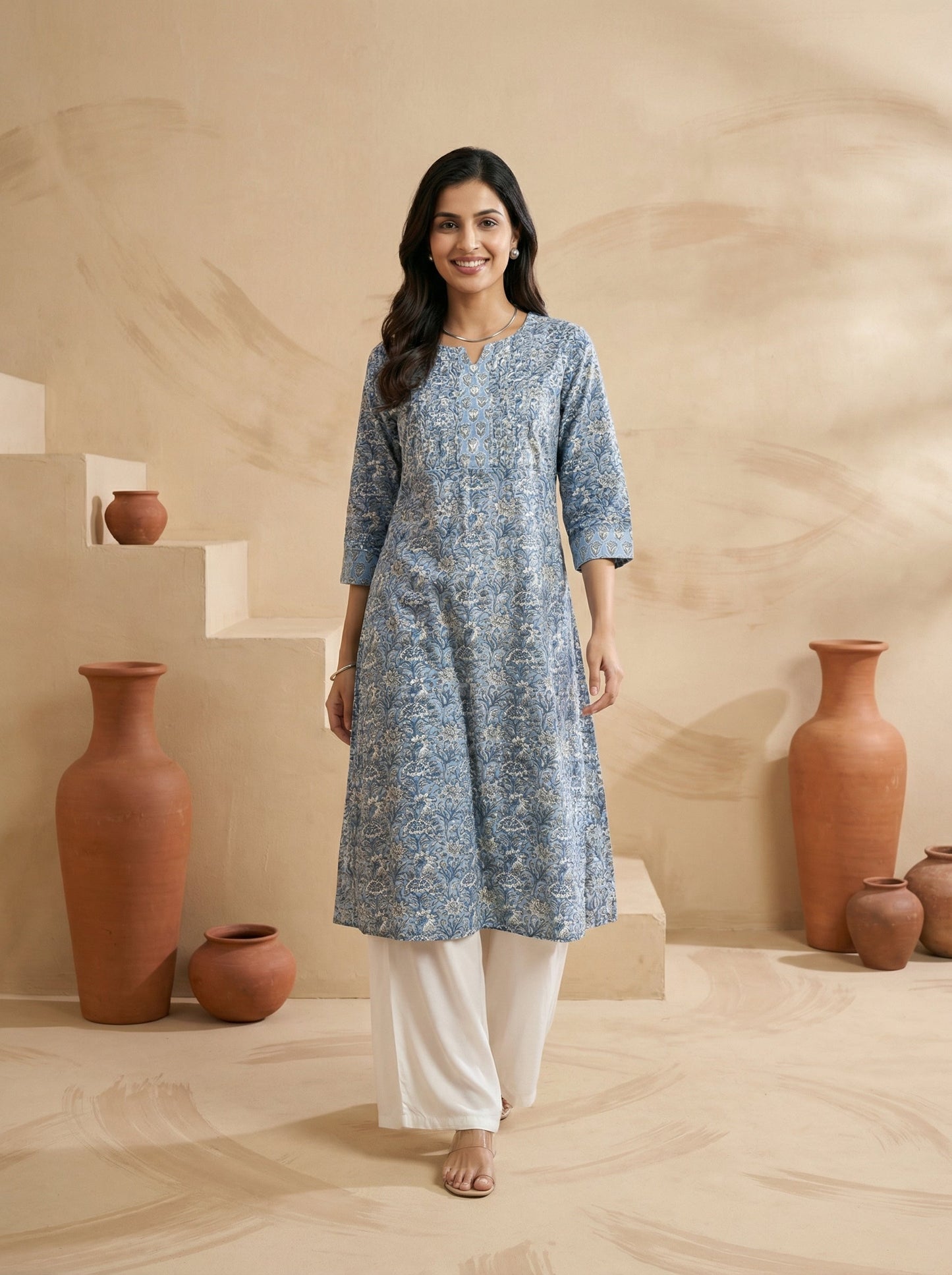 Sky Blue Yoke Pintuck Kurta