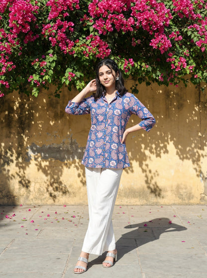 Artisan Bloom Handblock Blue/Pink Collar Cotton Top