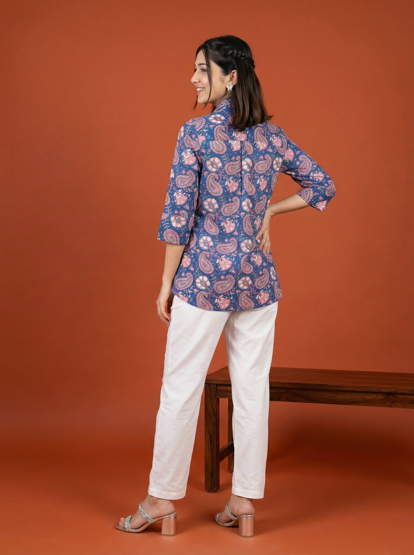 Artisan Bloom Handblock Blue/Pink Collar Cotton Top