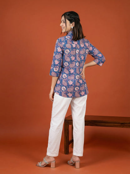 Artisan Bloom Handblock Blue/Pink Collar Cotton Top