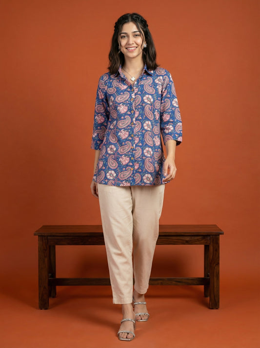 Artisan Bloom Handblock Blue/Pink Collar Cotton Top