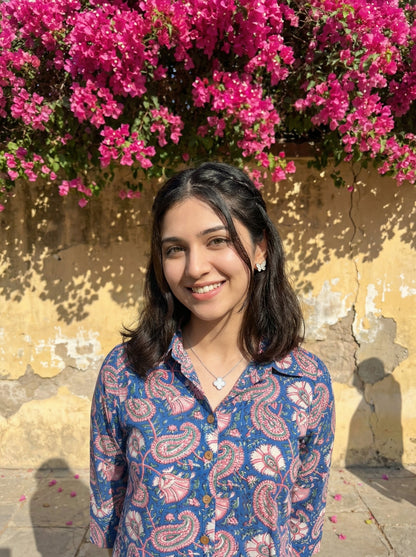 Artisan Bloom Handblock Blue/Pink Collar Cotton Top
