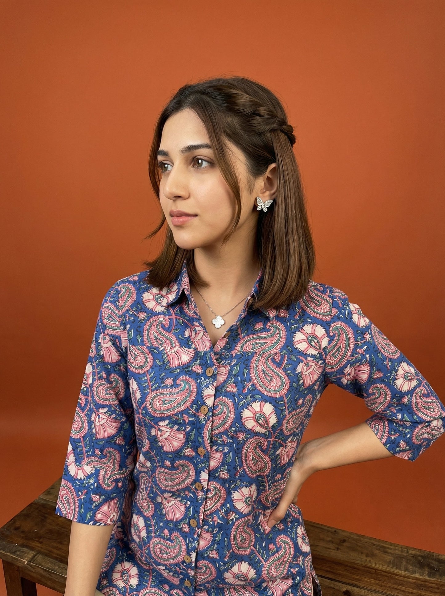Artisan Bloom Handblock Blue/Pink Collar Cotton Top
