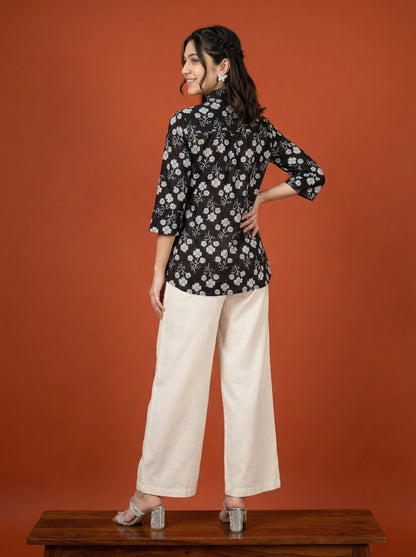 Artisan Bloom Handblock Black/White Collar Cotton Top