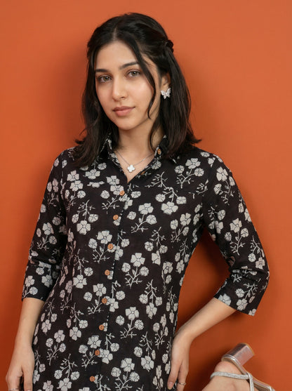 Artisan Bloom Handblock Black/White Collar Cotton Top