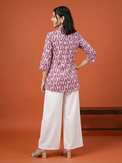 Artisan Bloom Handblock Pink/Purple Collar Cotton Top