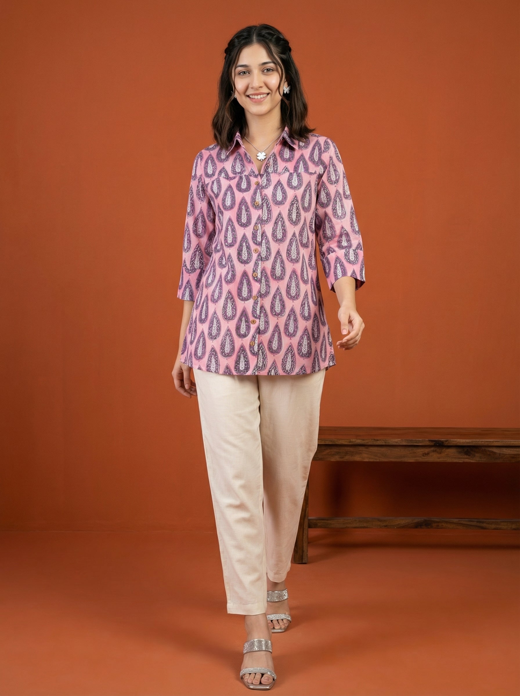 Artisan Bloom Handblock Pink/Purple Collar Cotton Top