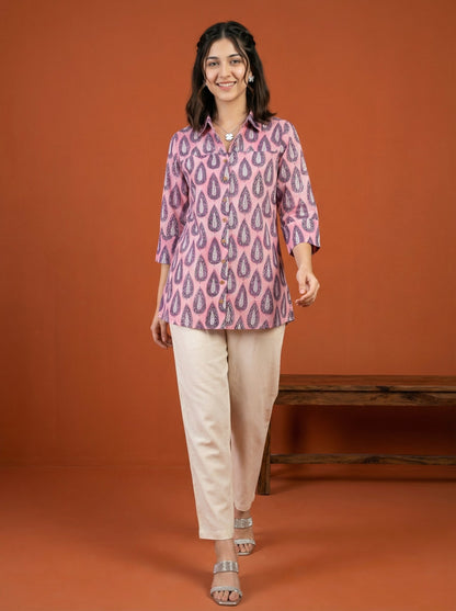 Artisan Bloom Handblock Pink/Purple Collar Cotton Top