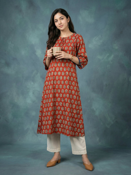 Jazz Waves Cotton Maroon/Brown Paisley Yoke Kurta