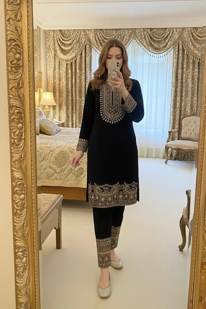 Zari Embroidery Work Ready to Wear Velvet Kurti Pant Set Ethenika.com