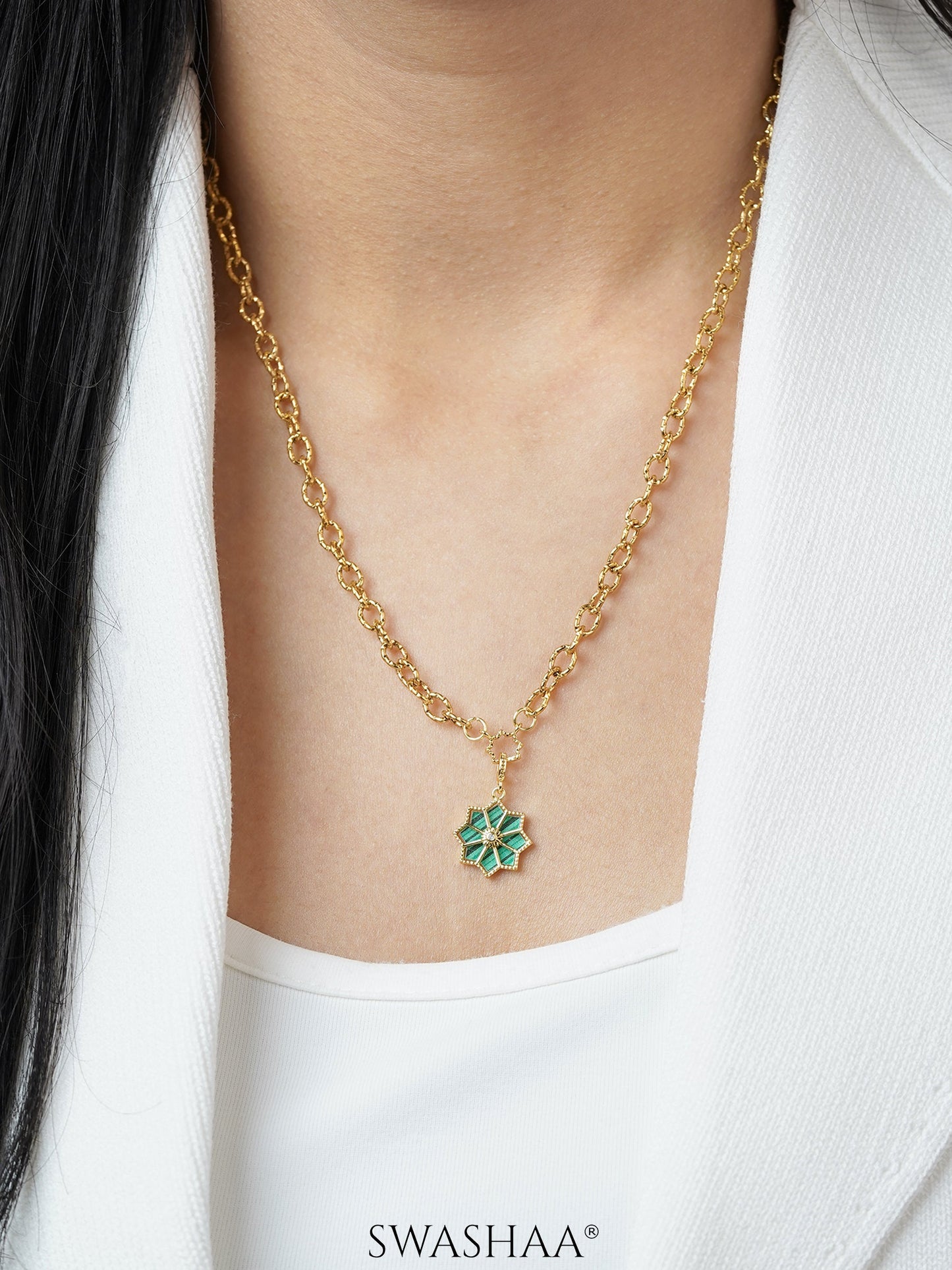 Zinnia Green Jade Blossom Charm 18K Gold Plated Chain Pendant Necklace
