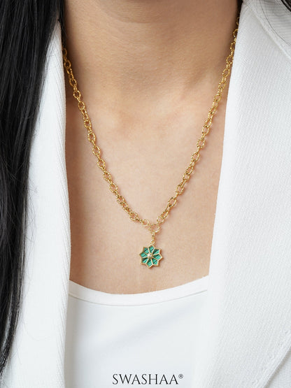 Zinnia Green Jade Blossom Charm 18K Gold Plated Chain Pendant Necklace
