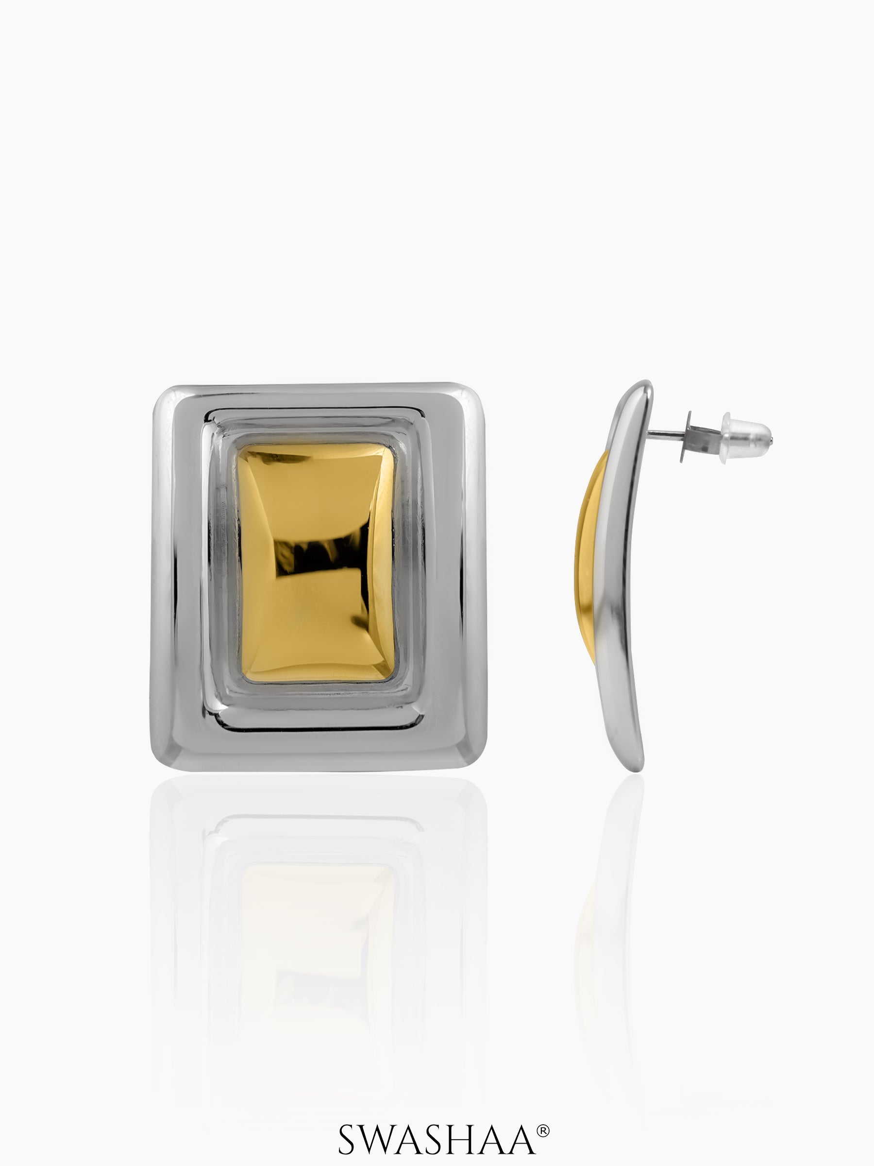 Zohra Square Frame Two Tone 18K Gold Plated Stud Earrings