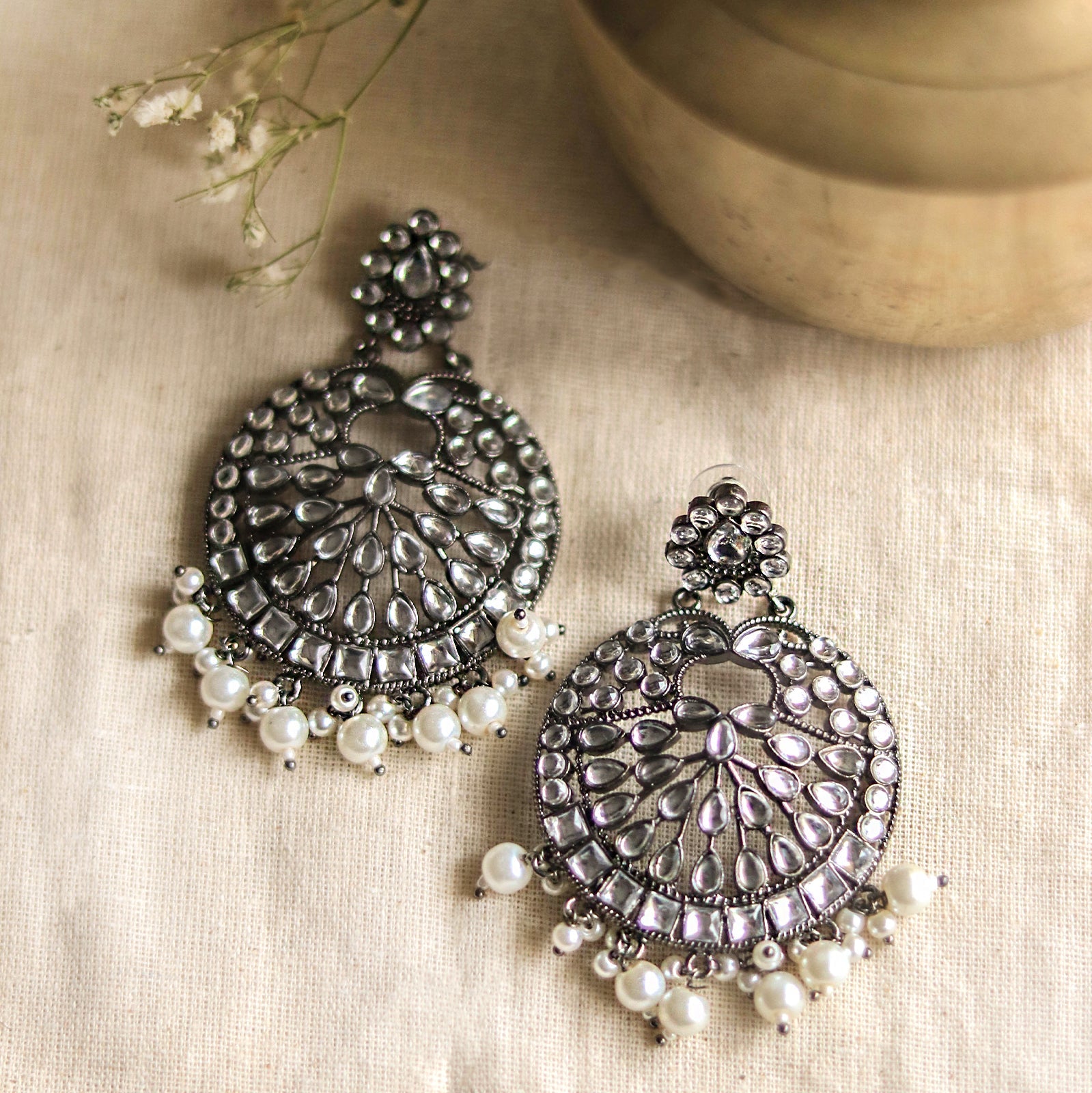 Nisha Silver Oxidized Statement Earrings - Teejh