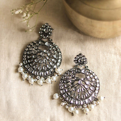 Nisha Silver Oxidized Statement Earrings - Teejh