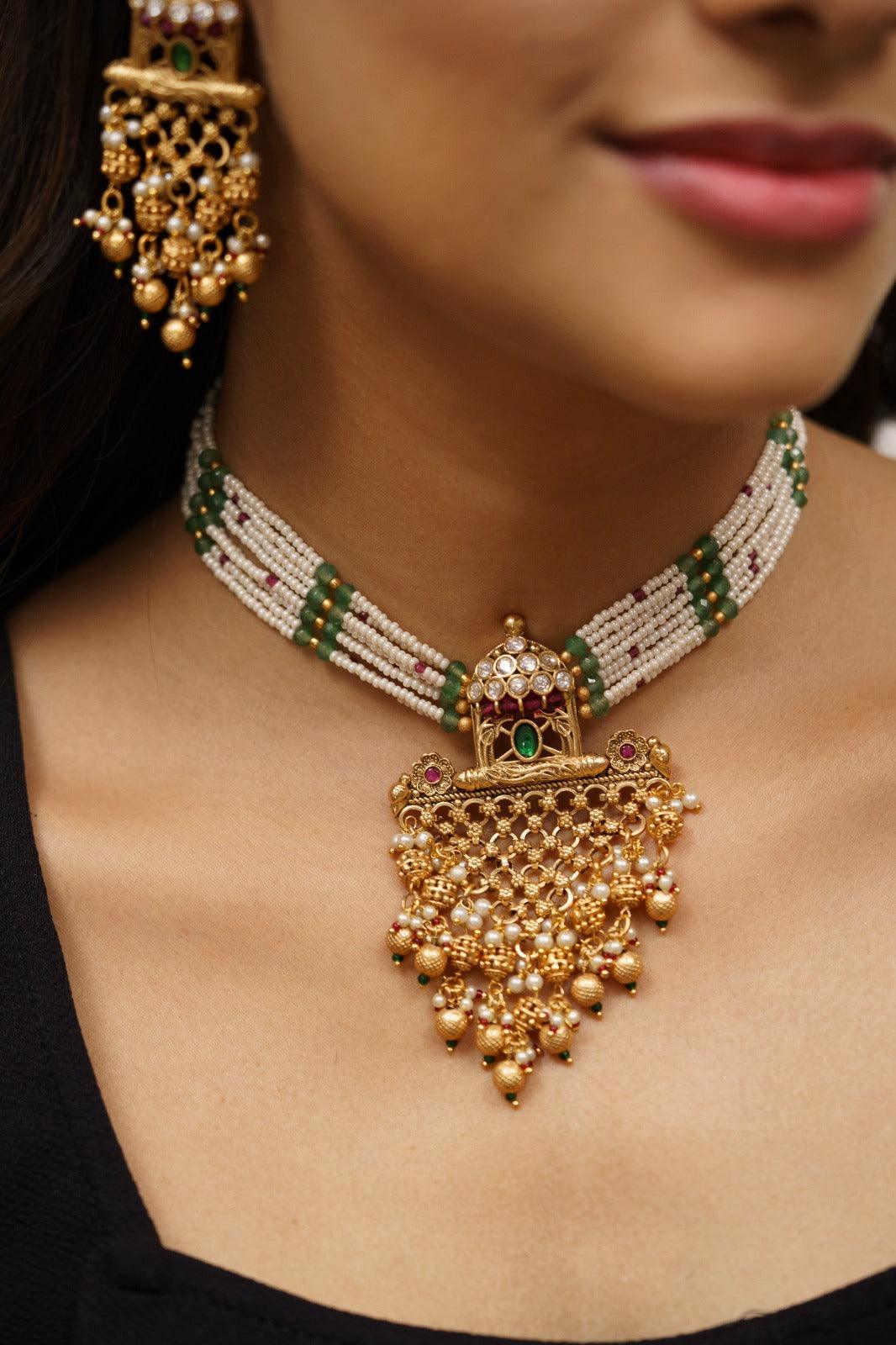 Aadhvi Gold Set with Long Indian Earrings | Sone Pe Suhaga Collection - Attrangi