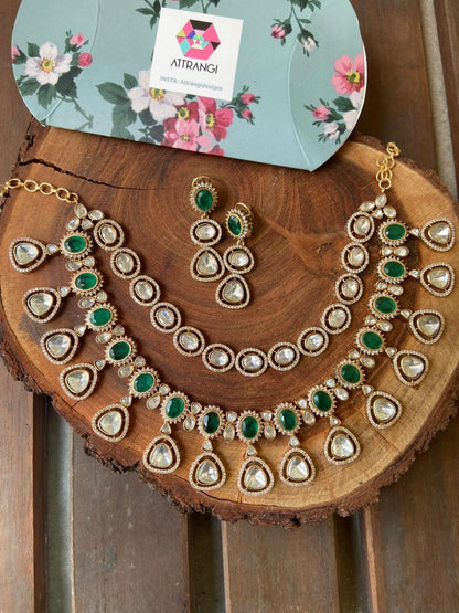 Akanksha Polki 2 Layer Necklace Set | Emerald - Attrangi