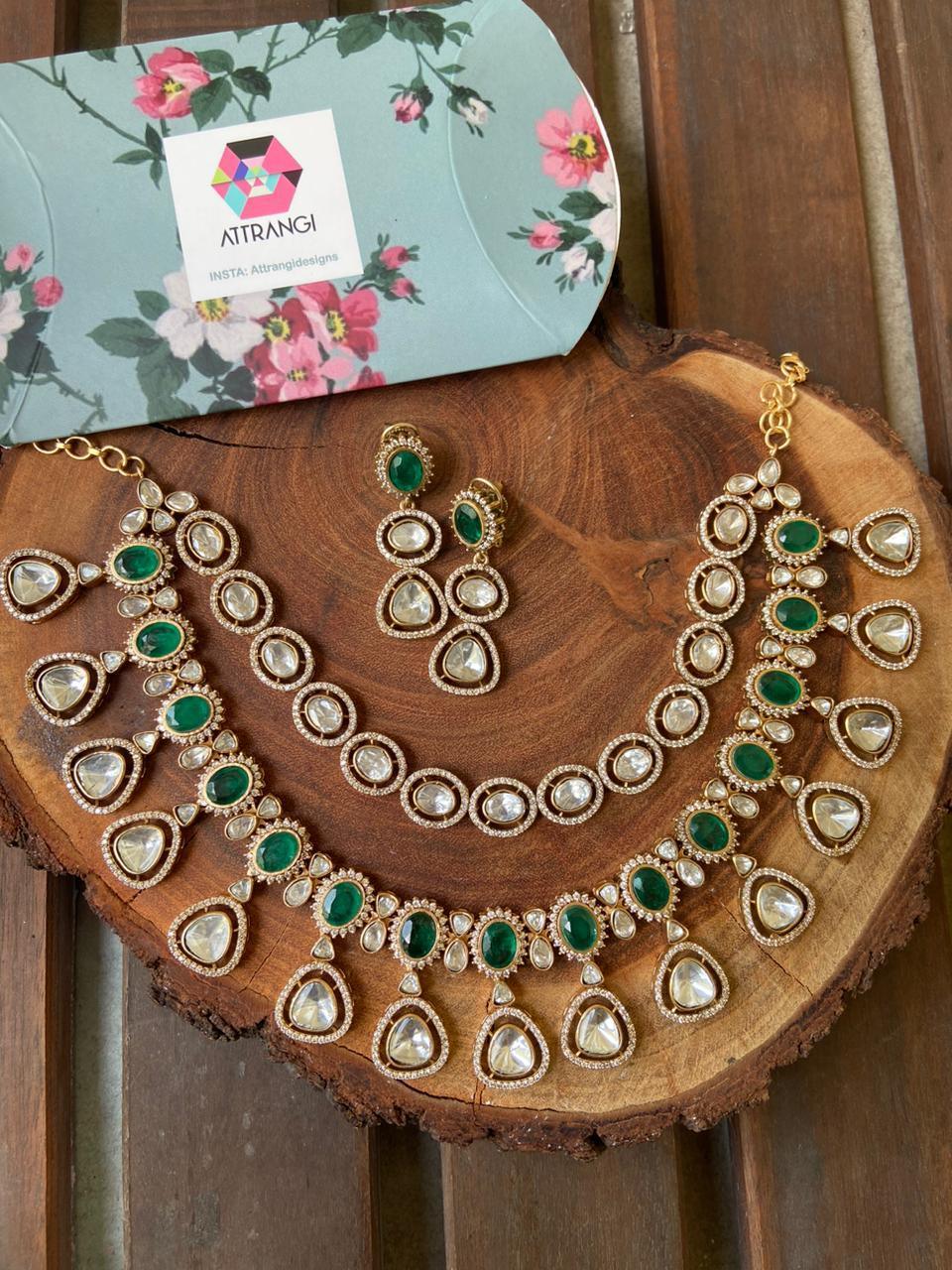 Akanksha Polki 2 Layer Necklace Set | Emerald - Attrangi