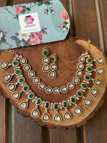 Akanksha Polki 2 Layer Necklace Set | Emerald - Attrangi