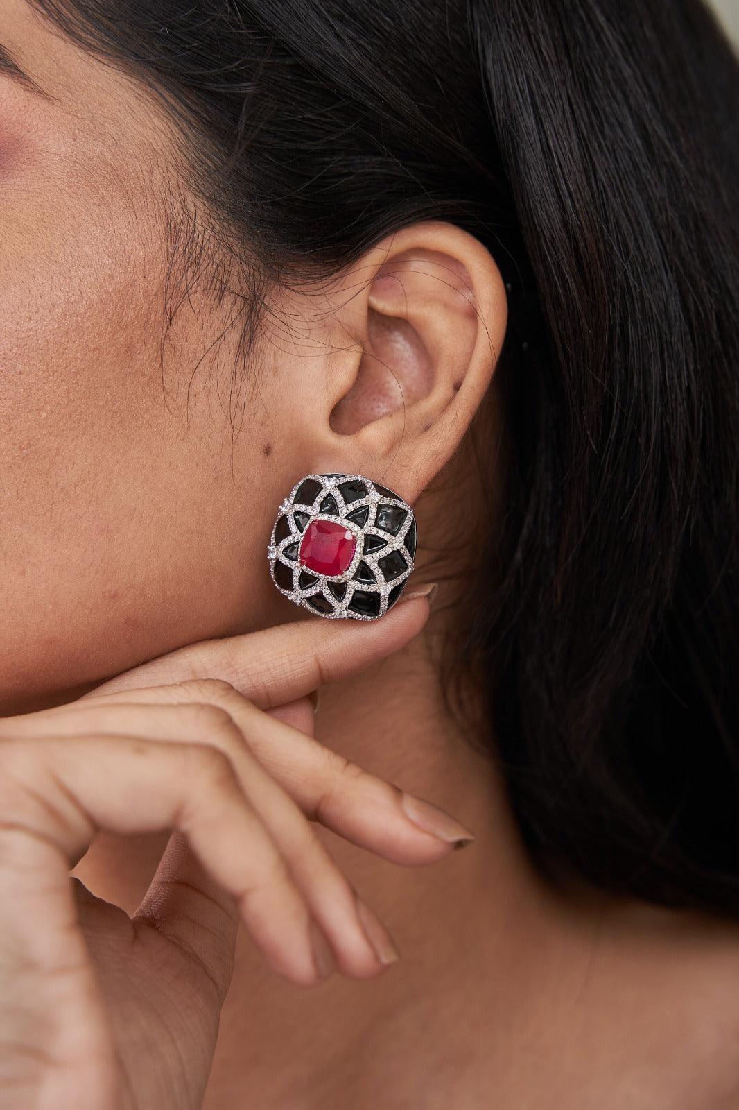 Anjuna Diamond Studs With Black Enamel and Coloured Stones - Attrangi
