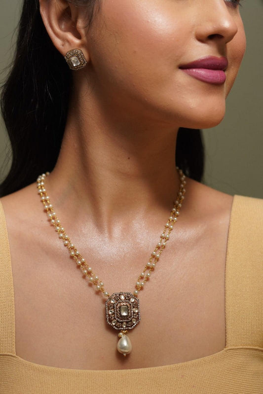 Antique Gold Polki Pendant Set With Stud - Attrangi
