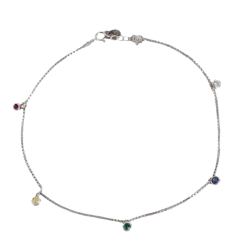 Multi Colour Drops Rhodium Plated 925 Sterling Silver Anklet