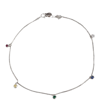 Multi Colour Drops Rhodium Plated 925 Sterling Silver Anklet