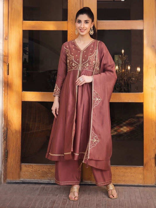 Berry Embroidered Silk Anarkali Dress Set with Dupatta For Women
