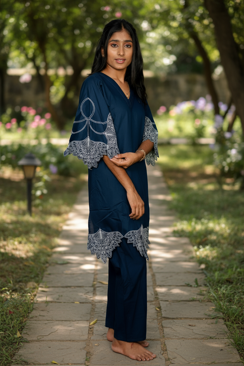 Elegant Teal Kurti With White Embroidered Accents For Women & Girls