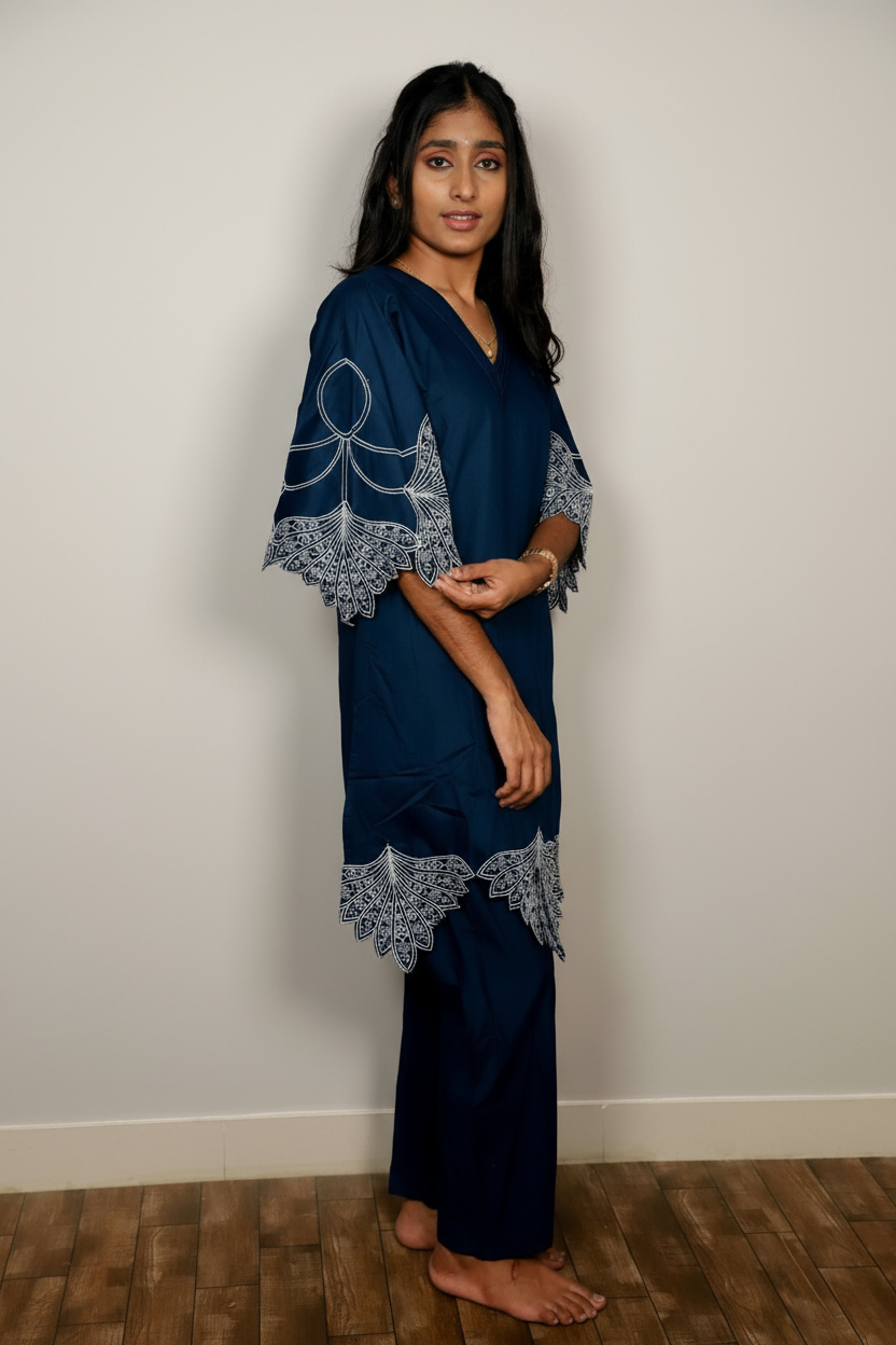 Elegant Teal Kurti With White Embroidered Accents For Women & Girls