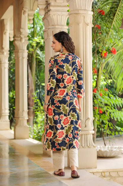 Women Navy Blue Floral Printed Mandarin Collar Pure Cotton Straight Kurta