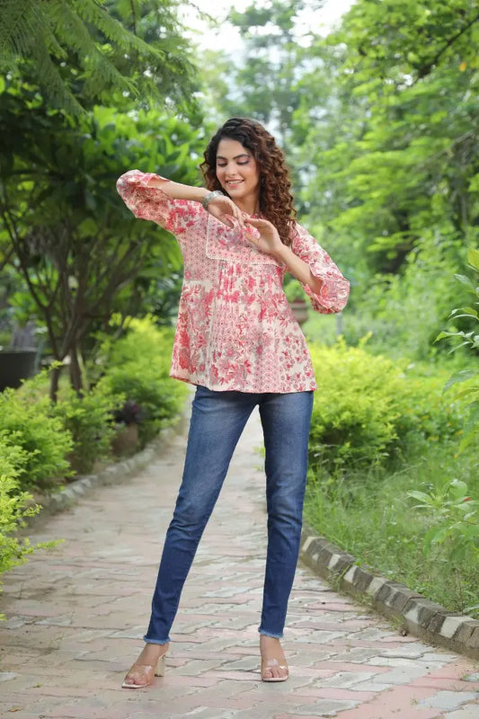 Peach Floral Printed Ruffle Top